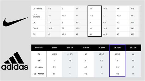 nike vs adidas size chart